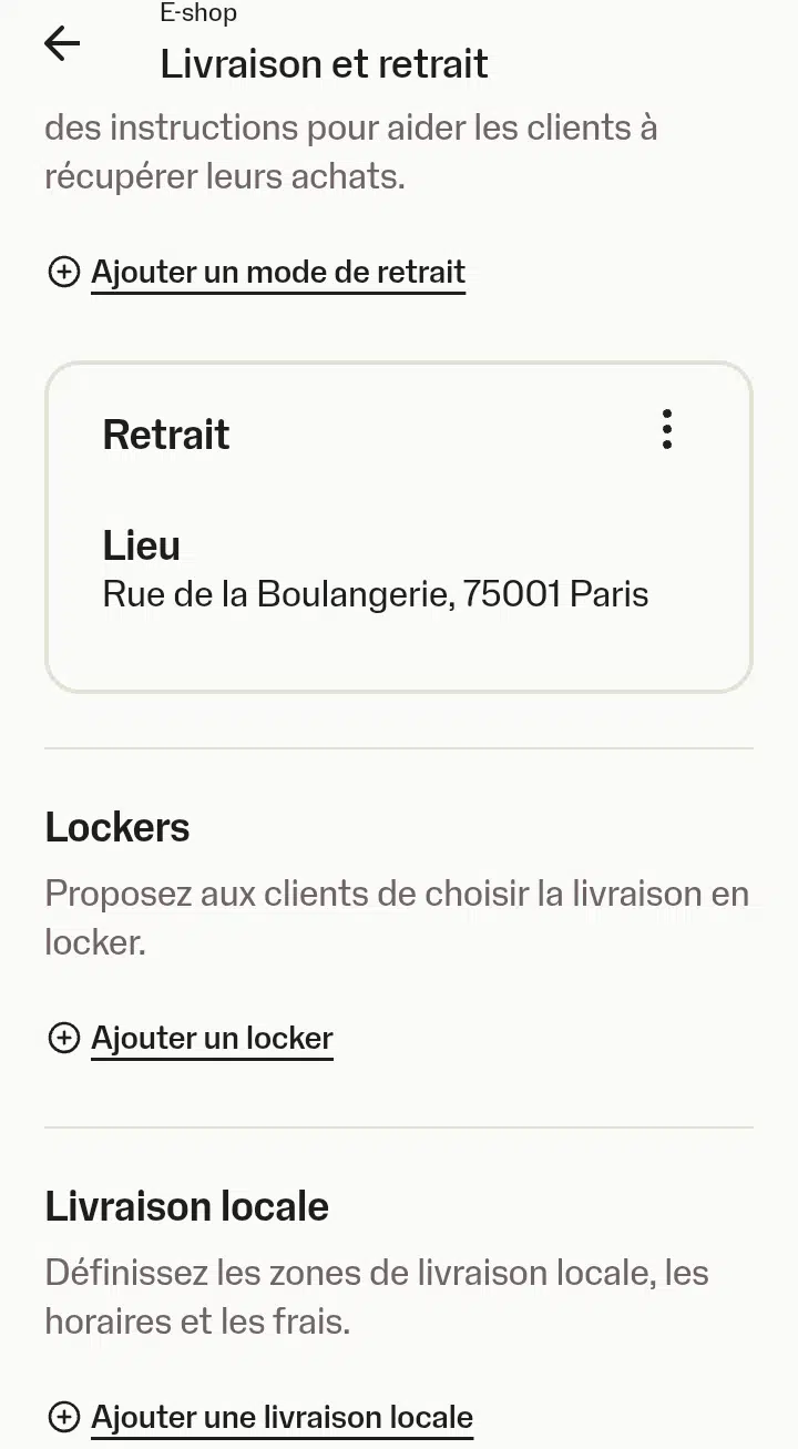 Capture d'écran des paramétrage de livraison et de retrait dans l'app de SumUp